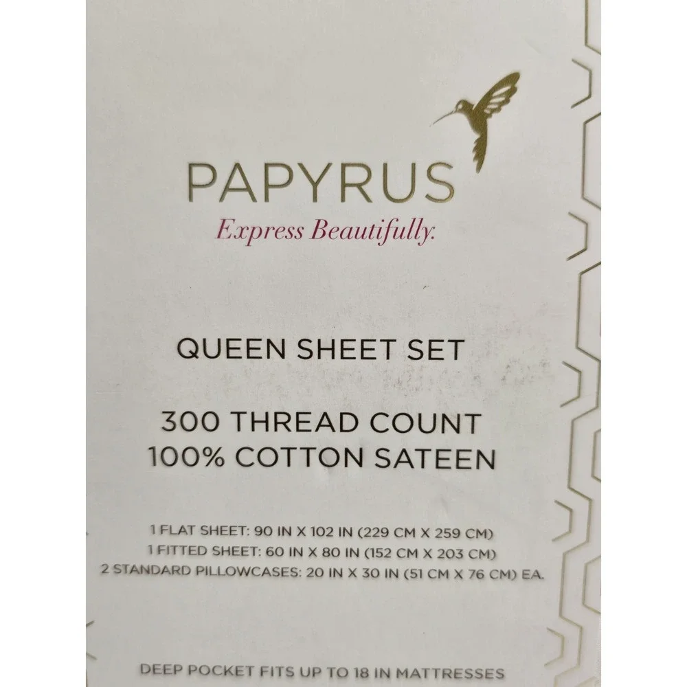 PAPYRUS   300 Thread Count 100%  Cotton Sateen Queen 4 Piece White Sheet Set‎
